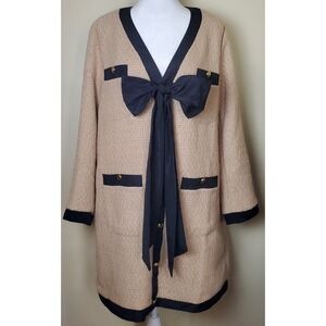Tuckernuck Pomander Place Coco Tweed Bow Mini Dress Beige Khaki Long Sleeve Chic
